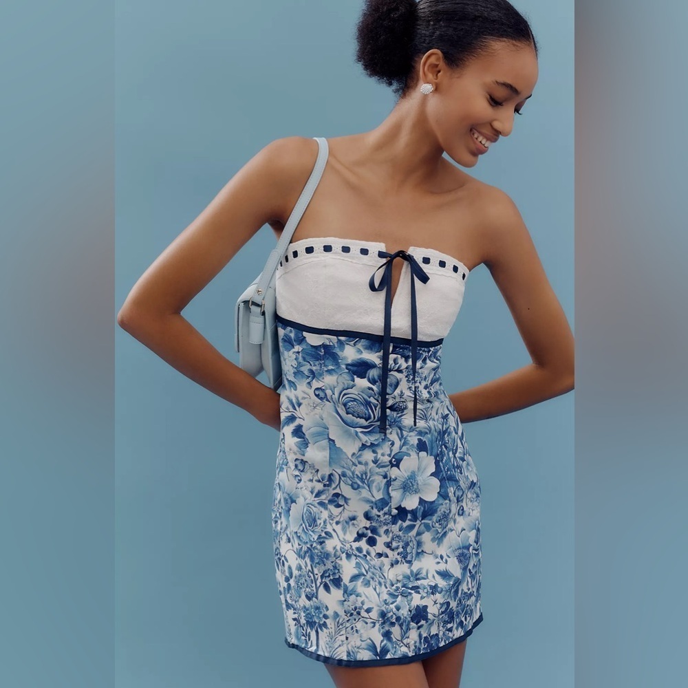 NWT! Anthropologie Maeve Strapless Tie-Front Mini Dress - Size XL 🚦 - Picture 1 of 6